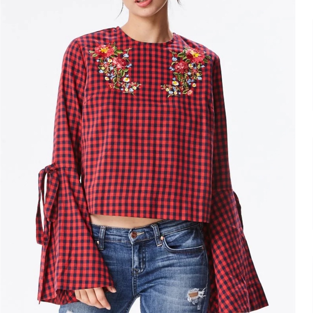 Dillard’s INA Checkered Bell Sleeve Shirt with Floral Embroidery like new